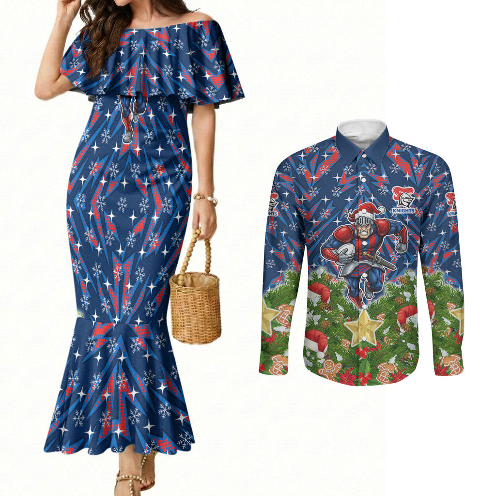 Personalised Newcastle Knights Rugby Christmas Couples Matching Mermaid Dress and Long Sleeve Button Shirt Santa Rugby Mascot - Pine Wreath Festive
