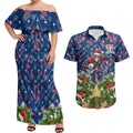 Personalised Newcastle Knights Rugby Christmas Couples Matching Off Shoulder Maxi Dress and Hawaiian Shirt Santa Rugby Mascot - Pine Wreath Festive