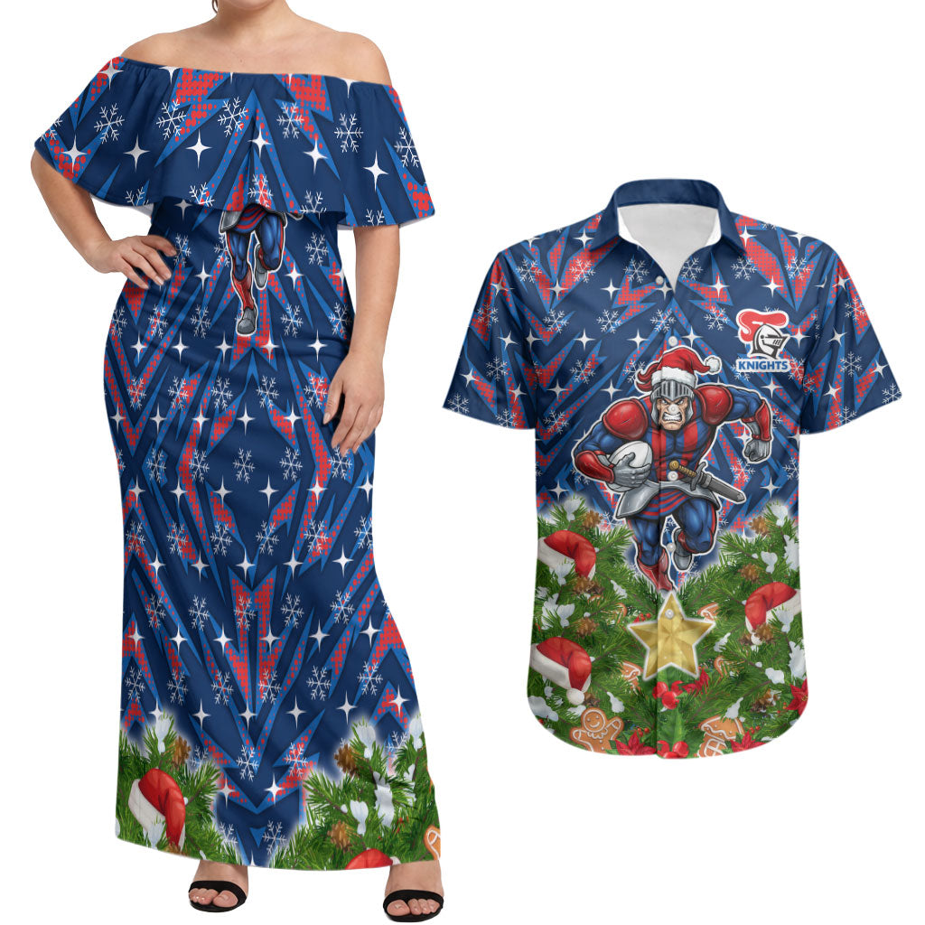 Personalised Newcastle Knights Rugby Christmas Couples Matching Off Shoulder Maxi Dress and Hawaiian Shirt Santa Rugby Mascot - Pine Wreath Festive
