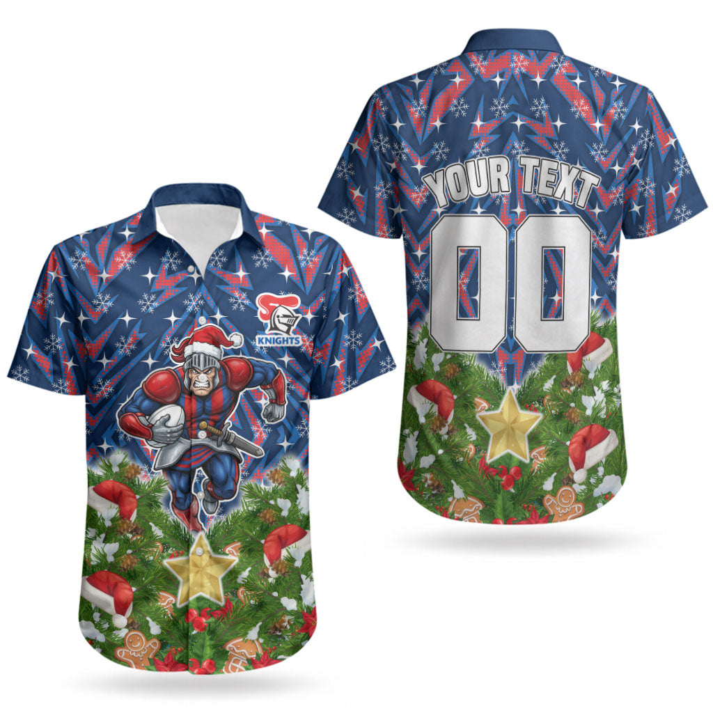 Personalised Newcastle Knights Rugby Christmas Couples Matching Off Shoulder Maxi Dress and Hawaiian Shirt Santa Rugby Mascot - Pine Wreath Festive