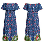 Personalised Newcastle Knights Rugby Christmas Couples Matching Off Shoulder Maxi Dress and Hawaiian Shirt Santa Rugby Mascot - Pine Wreath Festive