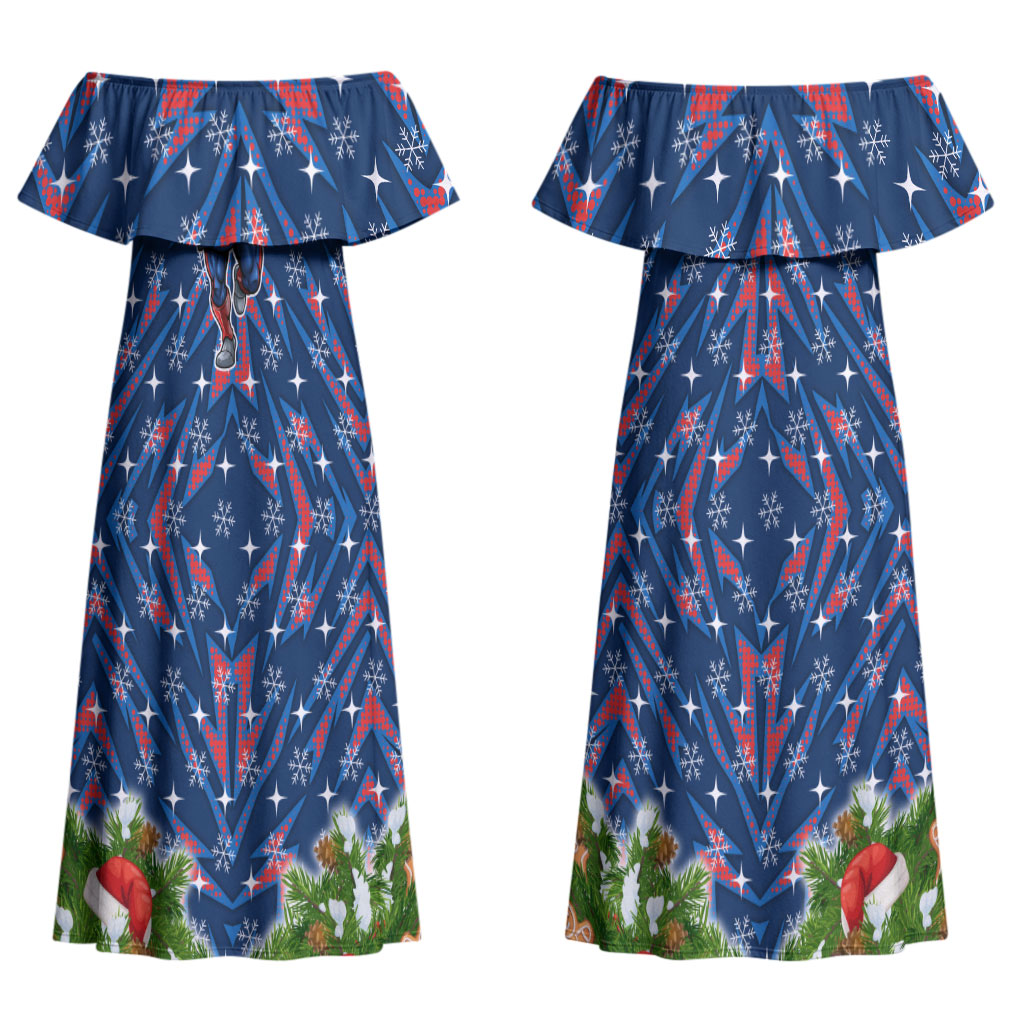 Personalised Newcastle Knights Rugby Christmas Couples Matching Off Shoulder Maxi Dress and Hawaiian Shirt Santa Rugby Mascot - Pine Wreath Festive