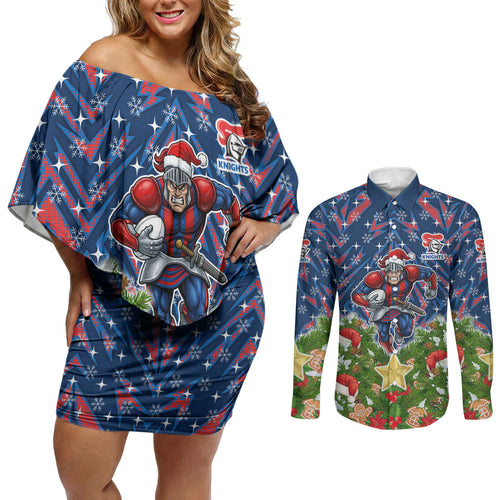 Personalised Newcastle Knights Rugby Christmas Couples Matching Off Shoulder Short Dress and Long Sleeve Button Shirt Santa Rugby Mascot - Pine Wreath Festive