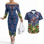 Personalised Newcastle Knights Rugby Christmas Couples Matching Off The Shoulder Long Sleeve Dress and Hawaiian Shirt Santa Rugby Mascot - Pine Wreath Festive