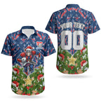 Personalised Newcastle Knights Rugby Christmas Couples Matching Off The Shoulder Long Sleeve Dress and Hawaiian Shirt Santa Rugby Mascot - Pine Wreath Festive