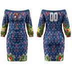 Personalised Newcastle Knights Rugby Christmas Couples Matching Off The Shoulder Long Sleeve Dress and Hawaiian Shirt Santa Rugby Mascot - Pine Wreath Festive
