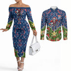 Personalised Newcastle Knights Rugby Christmas Couples Matching Off The Shoulder Long Sleeve Dress and Long Sleeve Button Shirt Santa Rugby Mascot - Pine Wreath Festive