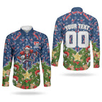 Personalised Newcastle Knights Rugby Christmas Couples Matching Off The Shoulder Long Sleeve Dress and Long Sleeve Button Shirt Santa Rugby Mascot - Pine Wreath Festive