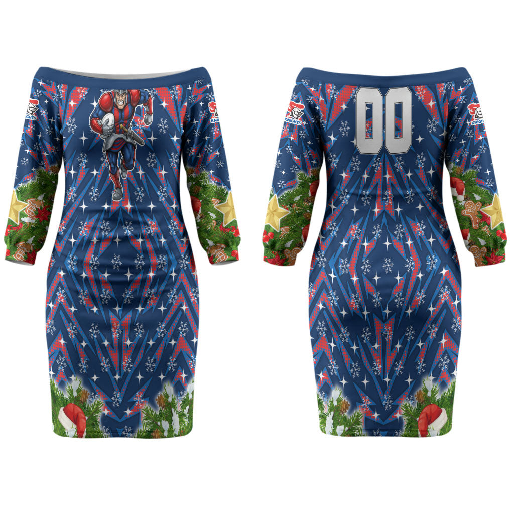 Personalised Newcastle Knights Rugby Christmas Couples Matching Off The Shoulder Long Sleeve Dress and Long Sleeve Button Shirt Santa Rugby Mascot - Pine Wreath Festive