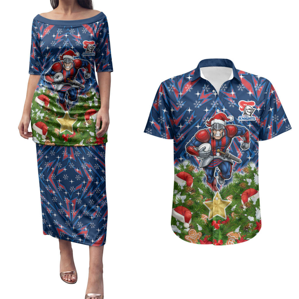 Personalised Newcastle Knights Rugby Christmas Couples Matching Puletasi and Hawaiian Shirt Santa Rugby Mascot - Pine Wreath Festive
