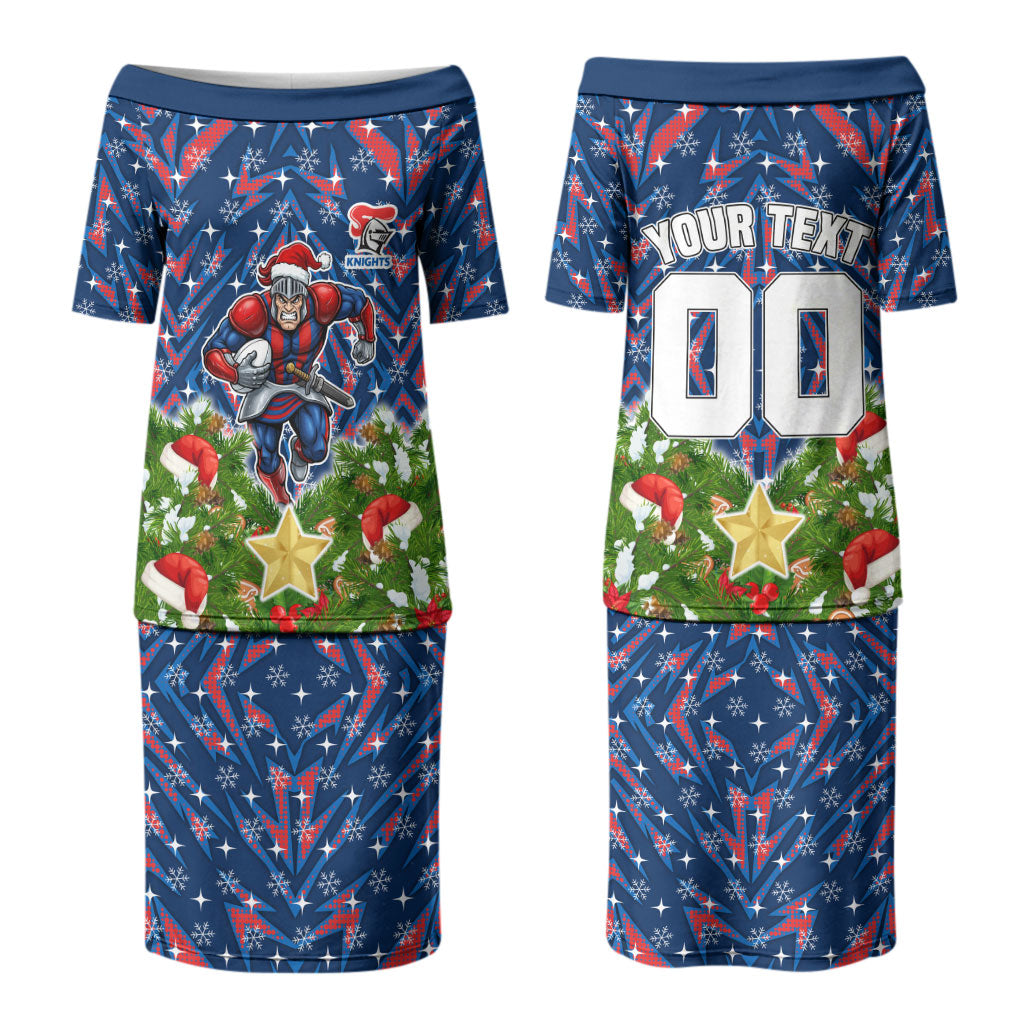 Personalised Newcastle Knights Rugby Christmas Couples Matching Puletasi and Hawaiian Shirt Santa Rugby Mascot - Pine Wreath Festive