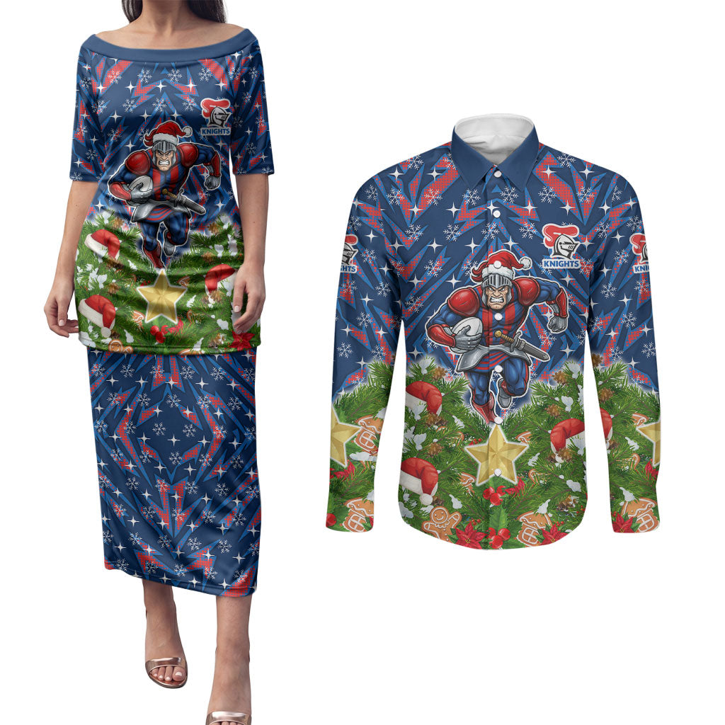 Personalised Newcastle Knights Rugby Christmas Couples Matching Puletasi and Long Sleeve Button Shirt Santa Rugby Mascot - Pine Wreath Festive