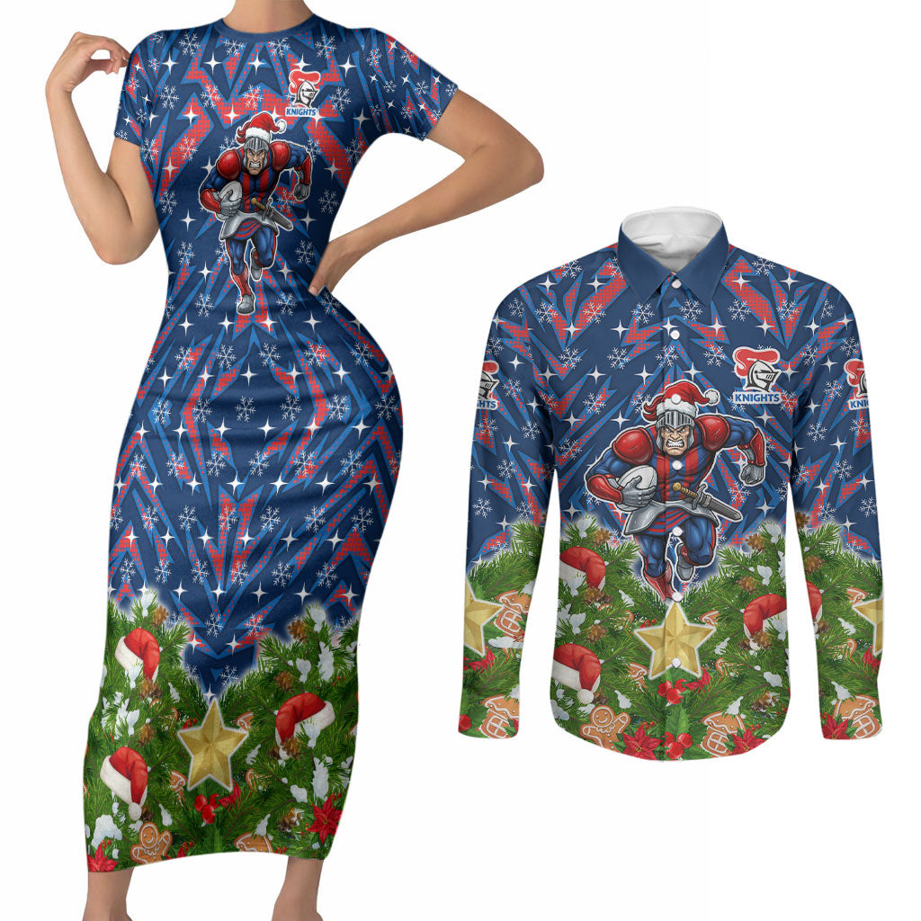 Personalised Newcastle Knights Rugby Christmas Couples Matching Short Sleeve Bodycon Dress and Long Sleeve Button Shirt Santa Rugby Mascot - Pine Wreath Festive