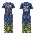 Personalised Newcastle Knights Rugby Christmas Couples Matching Short Sleeve Bodycon Dress and Long Sleeve Button Shirt Santa Rugby Mascot - Pine Wreath Festive