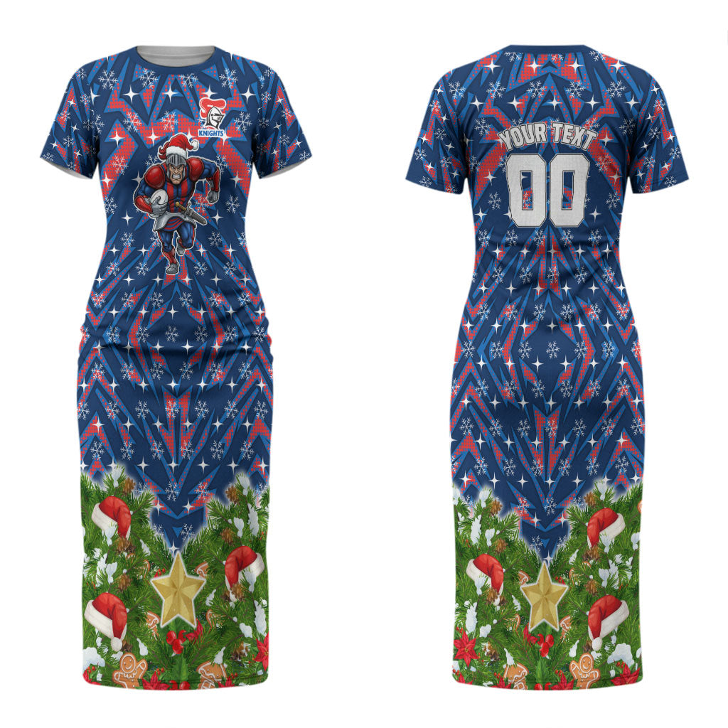 Personalised Newcastle Knights Rugby Christmas Couples Matching Short Sleeve Bodycon Dress and Long Sleeve Button Shirt Santa Rugby Mascot - Pine Wreath Festive