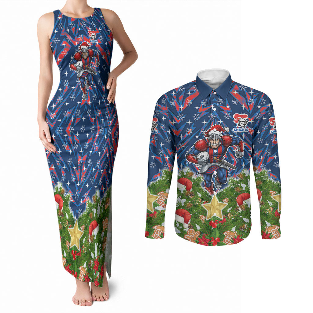 Personalised Newcastle Knights Rugby Christmas Couples Matching Tank Maxi Dress and Long Sleeve Button Shirt Santa Rugby Mascot - Pine Wreath Festive