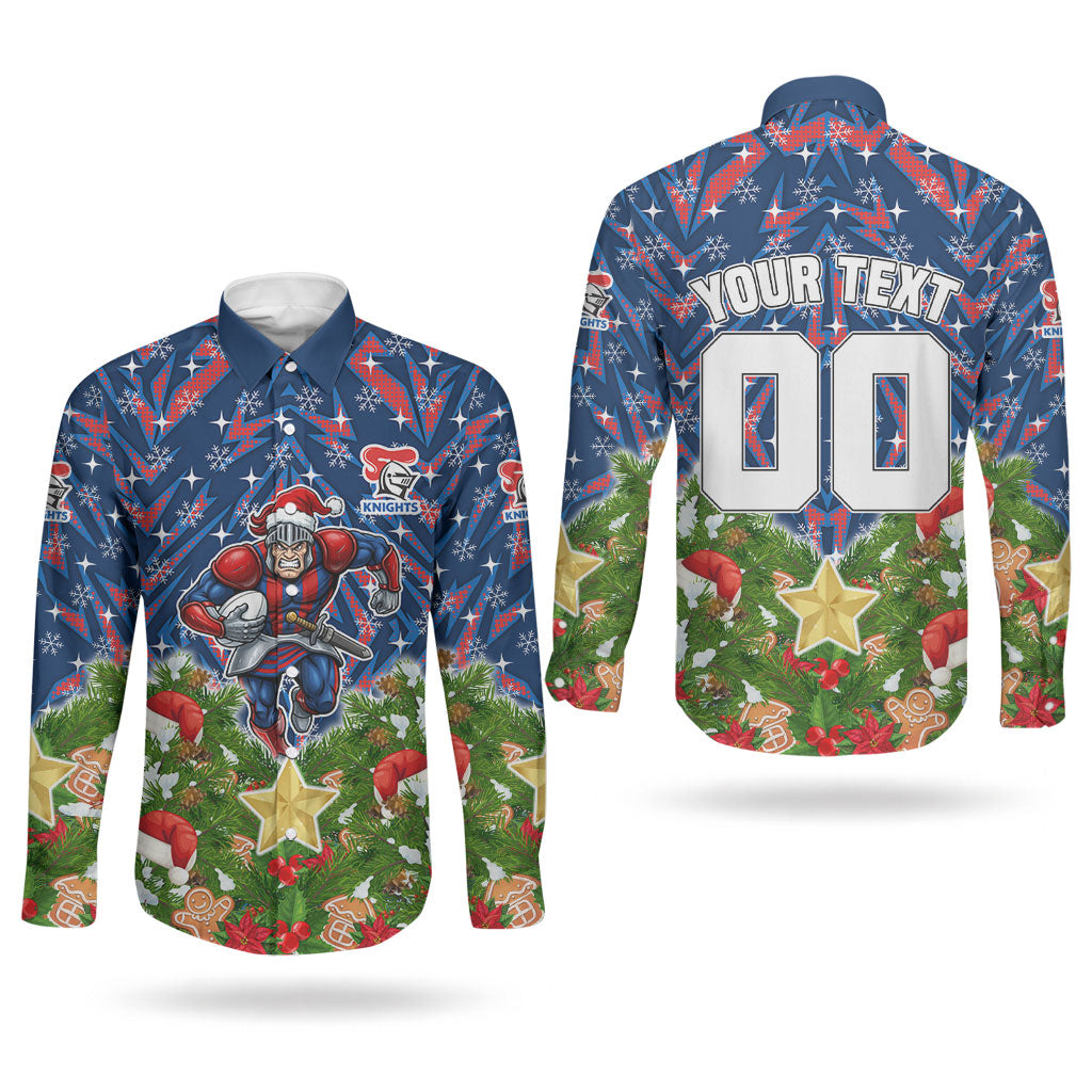 Personalised Newcastle Knights Rugby Christmas Couples Matching Tank Maxi Dress and Long Sleeve Button Shirt Santa Rugby Mascot - Pine Wreath Festive