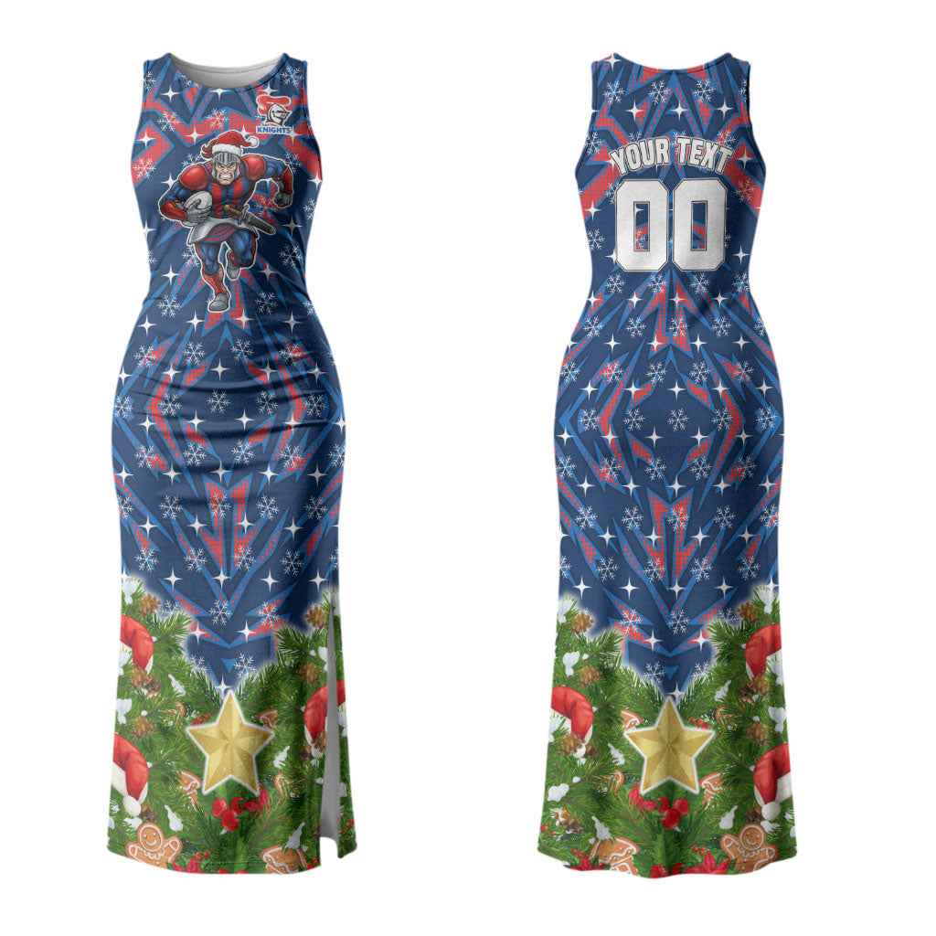 Personalised Newcastle Knights Rugby Christmas Couples Matching Tank Maxi Dress and Long Sleeve Button Shirt Santa Rugby Mascot - Pine Wreath Festive