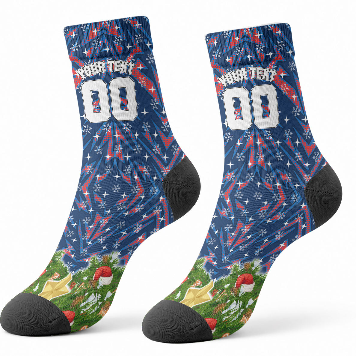 Personalised Newcastle Knights Rugby Christmas Crew Socks Santa Rugby Mascot - Pine Wreath Festive
