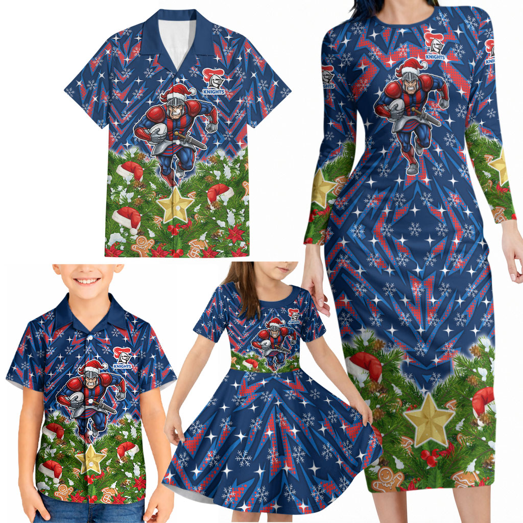 Personalised Newcastle Knights Rugby Christmas Family Matching Long Sleeve Bodycon Dress and Hawaiian Shirt Santa Rugby Mascot - Pine Wreath Festive
