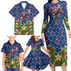 Personalised Newcastle Knights Rugby Christmas Family Matching Long Sleeve Bodycon Dress and Hawaiian Shirt Santa Rugby Mascot - Pine Wreath Festive