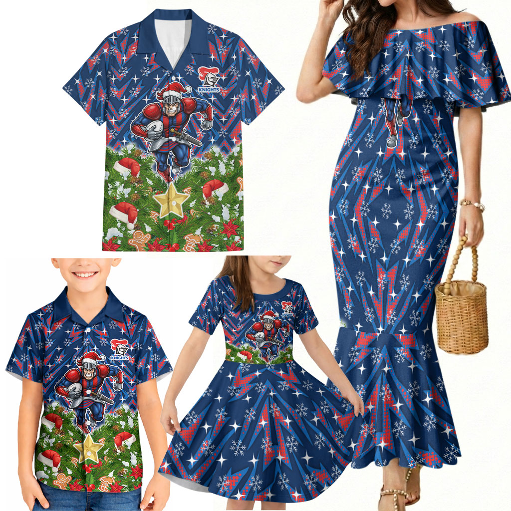 Personalised Newcastle Knights Rugby Christmas Family Matching Mermaid Dress and Hawaiian Shirt Santa Rugby Mascot - Pine Wreath Festive
