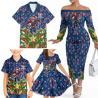 Personalised Newcastle Knights Rugby Christmas Family Matching Off The Shoulder Long Sleeve Dress and Hawaiian Shirt Santa Rugby Mascot - Pine Wreath Festive