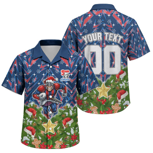 Personalised Newcastle Knights Rugby Christmas Family Matching Off The Shoulder Long Sleeve Dress and Hawaiian Shirt Santa Rugby Mascot - Pine Wreath Festive