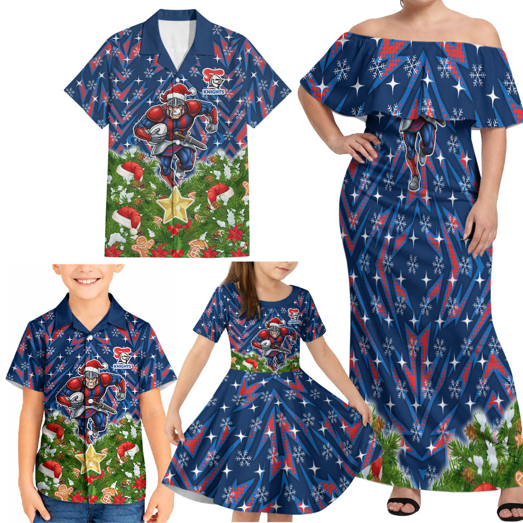 Personalised Newcastle Knights Rugby Christmas Family Matching Off Shoulder Maxi Dress and Hawaiian Shirt Santa Rugby Mascot - Pine Wreath Festive