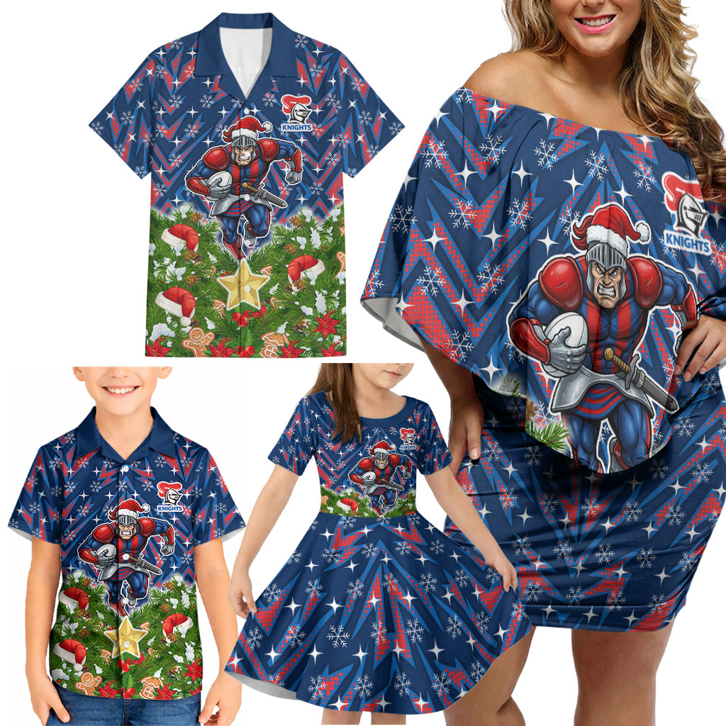Personalised Newcastle Knights Rugby Christmas Family Matching Off Shoulder Short Dress and Hawaiian Shirt Santa Rugby Mascot - Pine Wreath Festive