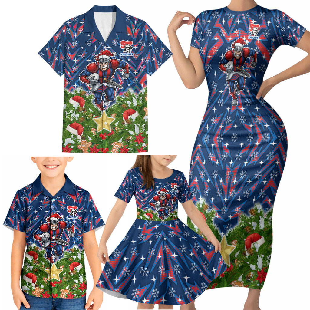 Personalised Newcastle Knights Rugby Christmas Family Matching Short Sleeve Bodycon Dress and Hawaiian Shirt Santa Rugby Mascot - Pine Wreath Festive