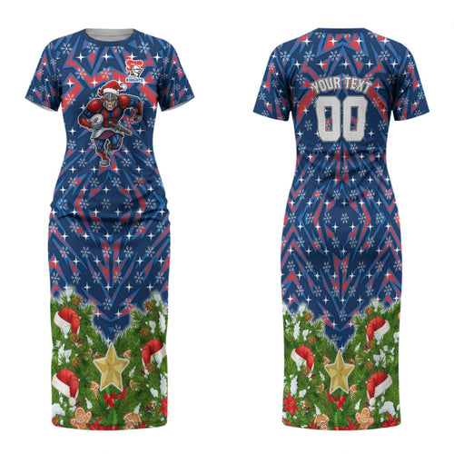 Personalised Newcastle Knights Rugby Christmas Family Matching Short Sleeve Bodycon Dress and Hawaiian Shirt Santa Rugby Mascot - Pine Wreath Festive