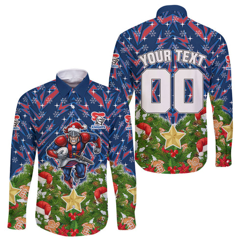 Personalised Newcastle Knights Rugby Christmas Family Matching Short Sleeve Bodycon Dress and Hawaiian Shirt Santa Rugby Mascot - Pine Wreath Festive