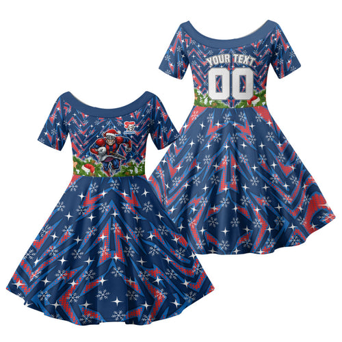 Personalised Newcastle Knights Rugby Christmas Family Matching Short Sleeve Bodycon Dress and Hawaiian Shirt Santa Rugby Mascot - Pine Wreath Festive
