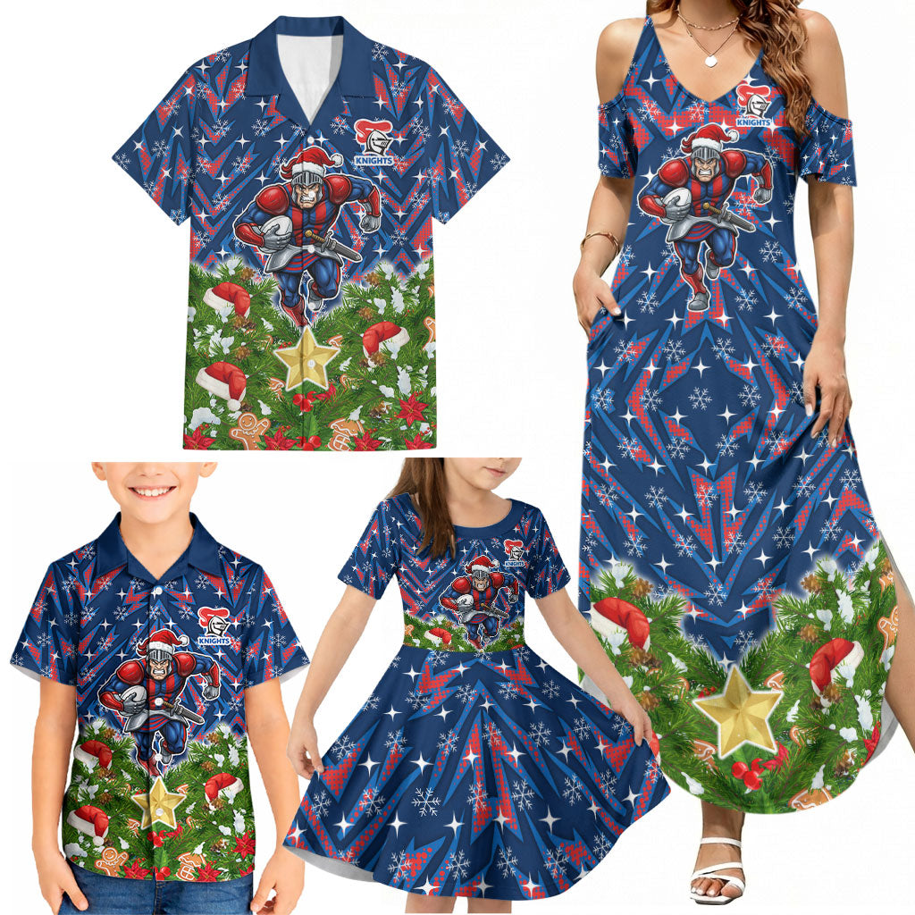 Personalised Newcastle Knights Rugby Christmas Family Matching Summer Maxi Dress and Hawaiian Shirt Santa Rugby Mascot - Pine Wreath Festive