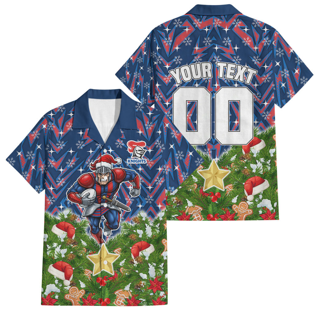 Personalised Newcastle Knights Rugby Christmas Family Matching Summer Maxi Dress and Hawaiian Shirt Santa Rugby Mascot - Pine Wreath Festive
