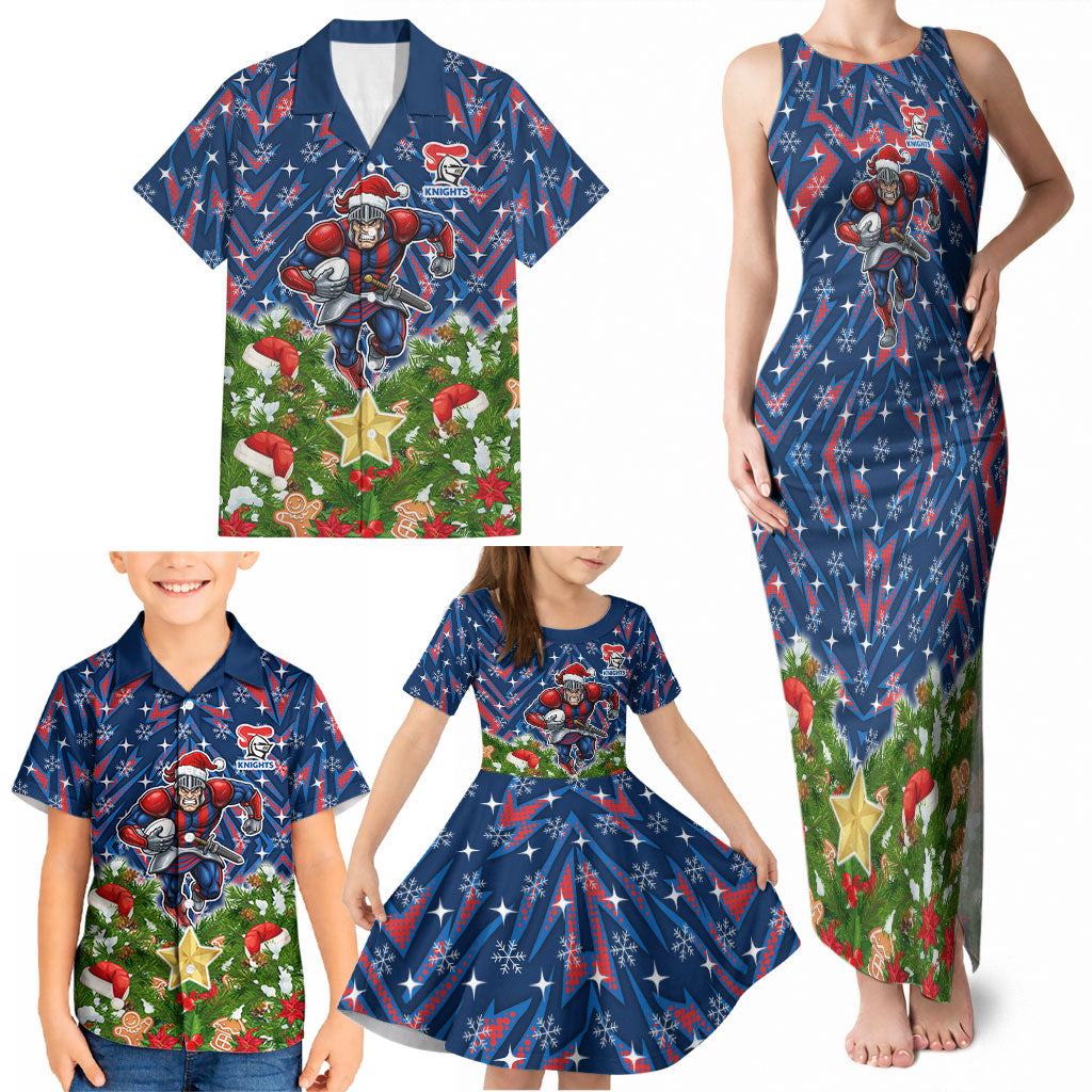 Personalised Newcastle Knights Rugby Christmas Family Matching Tank Maxi Dress and Hawaiian Shirt Santa Rugby Mascot - Pine Wreath Festive