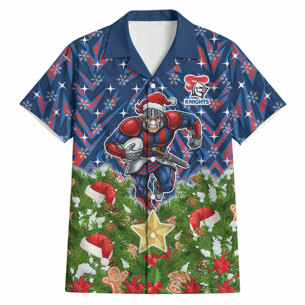 Personalised Newcastle Knights Rugby Christmas Hawaiian Shirt Santa Rugby Mascot - Pine Wreath Festive