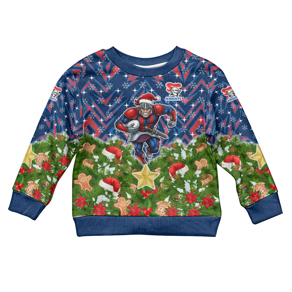 Personalised Newcastle Knights Rugby Christmas Kid Ugly Christmas Sweater Santa Rugby Mascot - Pine Wreath Festive