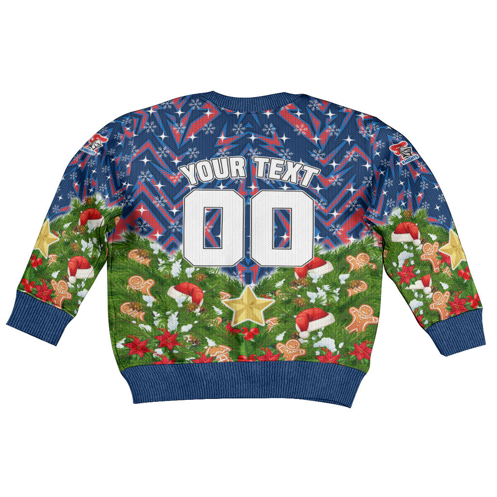 Personalised Newcastle Knights Rugby Christmas Kid Ugly Christmas Sweater Santa Rugby Mascot - Pine Wreath Festive