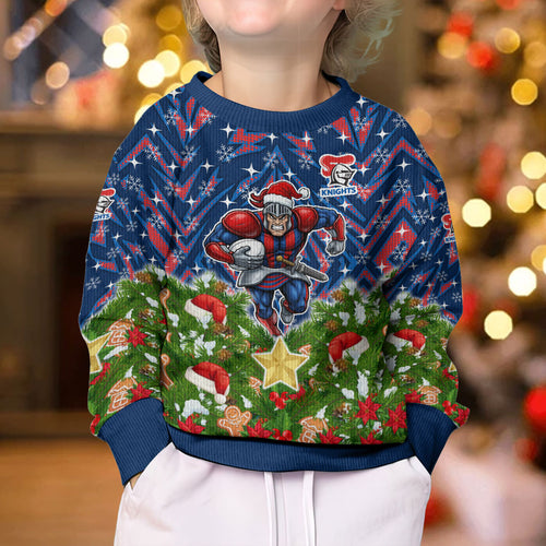 Personalised Newcastle Knights Rugby Christmas Kid Ugly Christmas Sweater Santa Rugby Mascot - Pine Wreath Festive
