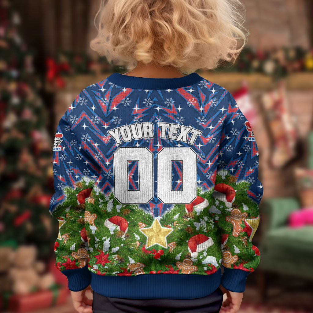 Personalised Newcastle Knights Rugby Christmas Kid Ugly Christmas Sweater Santa Rugby Mascot - Pine Wreath Festive