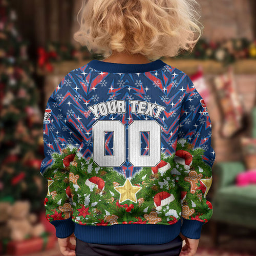 Personalised Newcastle Knights Rugby Christmas Kid Ugly Christmas Sweater Santa Rugby Mascot - Pine Wreath Festive