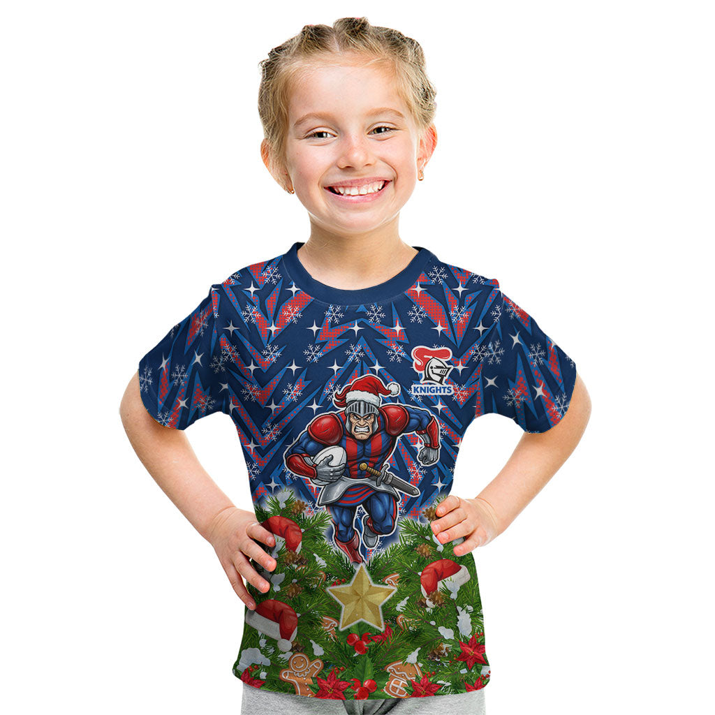 Personalised Newcastle Knights Rugby Christmas Kid T Shirt Santa Rugby Mascot - Pine Wreath Festive