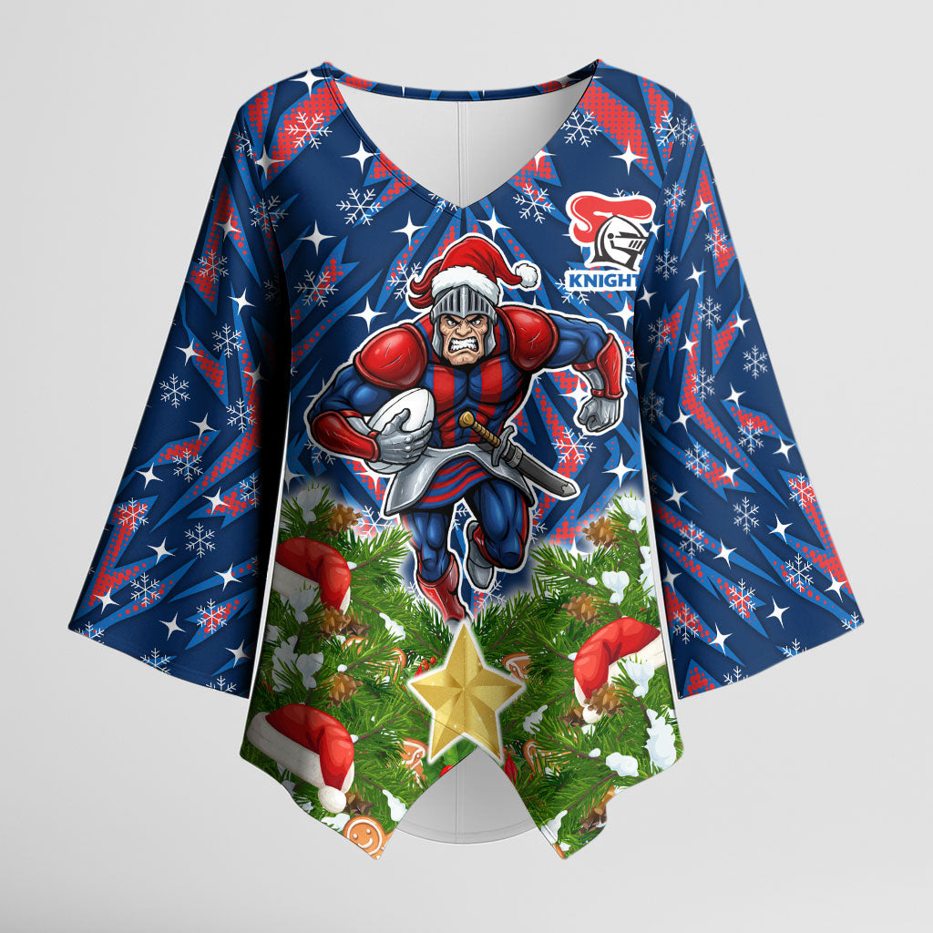 Personalised Newcastle Knights Rugby Christmas Kimono Sleeve Blouse Santa Rugby Mascot - Pine Wreath Festive