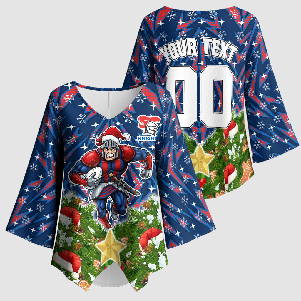 Personalised Newcastle Knights Rugby Christmas Kimono Sleeve Blouse Santa Rugby Mascot - Pine Wreath Festive