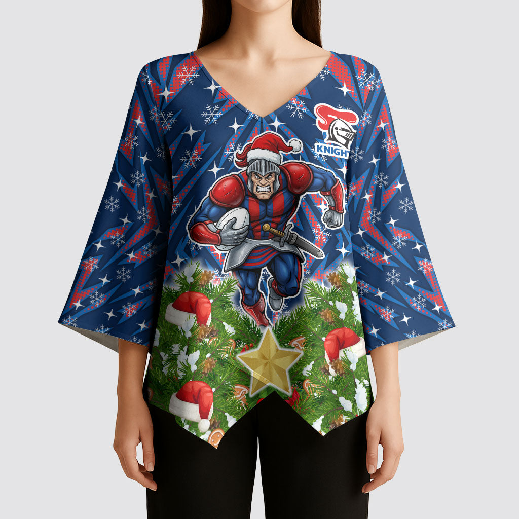 Personalised Newcastle Knights Rugby Christmas Kimono Sleeve Blouse Santa Rugby Mascot - Pine Wreath Festive