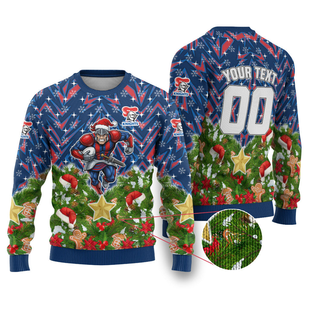 Personalised Newcastle Knights Rugby Christmas Ugly Christmas Sweater Santa Rugby Mascot - Pine Wreath Festive