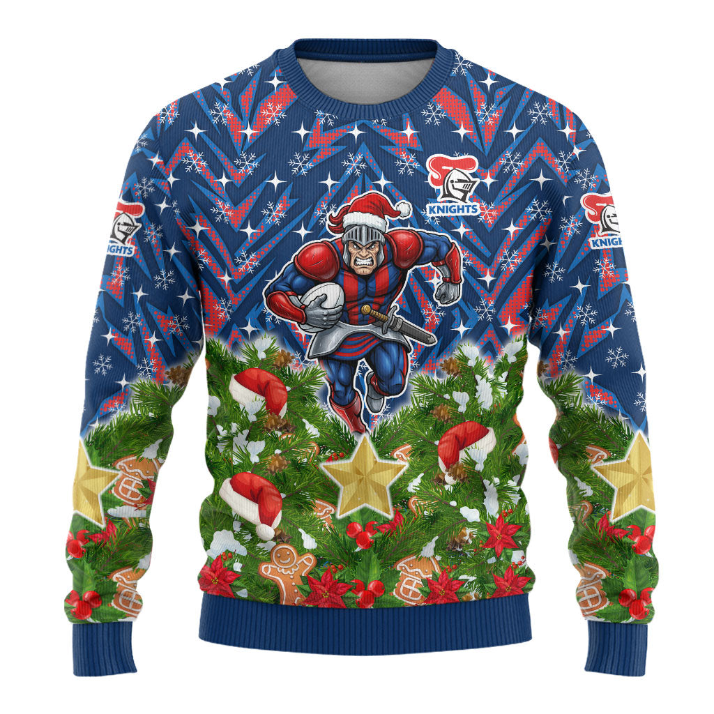 Personalised Newcastle Knights Rugby Christmas Ugly Christmas Sweater Santa Rugby Mascot - Pine Wreath Festive