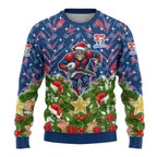 Personalised Newcastle Knights Rugby Christmas Ugly Christmas Sweater Santa Rugby Mascot - Pine Wreath Festive